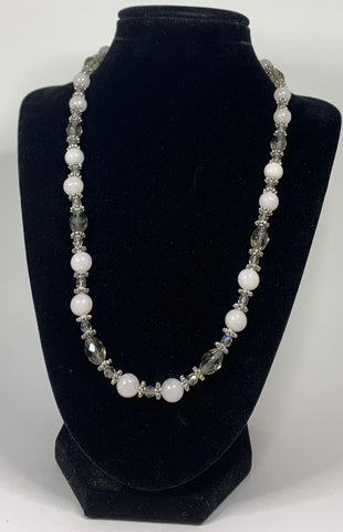 White, Grey, Silver Beaded Necklace with Silverplate Magnetic Clasp