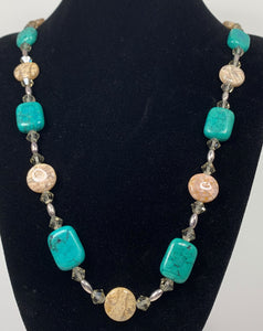 Tan, Turquoise Beaded Necklace with Silverplate Magnetic Clasp