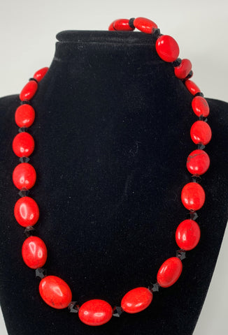 Red Stone with Black Bead Necklace & Bracelet with Silverplate Magnetic Clasps