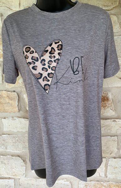 BE Kind Leopard Heart Print Gray Tee