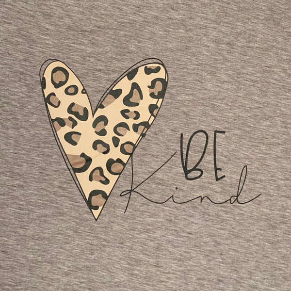 BE Kind Leopard Heart Print Gray Tee