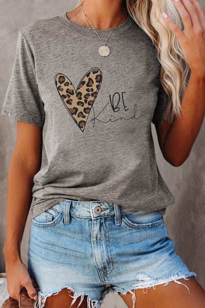 BE Kind Leopard Heart Print Gray Tee